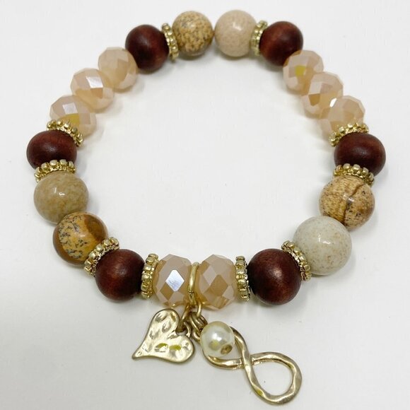 Brown Cream Beaded Stretch Bracelet w/Infinity, Heart and Pearl Charms - Picture 2 of 4